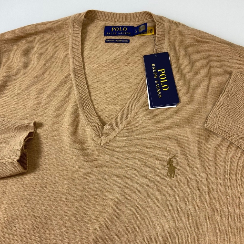 Polo Ralph Lauren Mens 4XLT Washable‎ Merino Wool V-Neck Sweater Camel Brown NEW